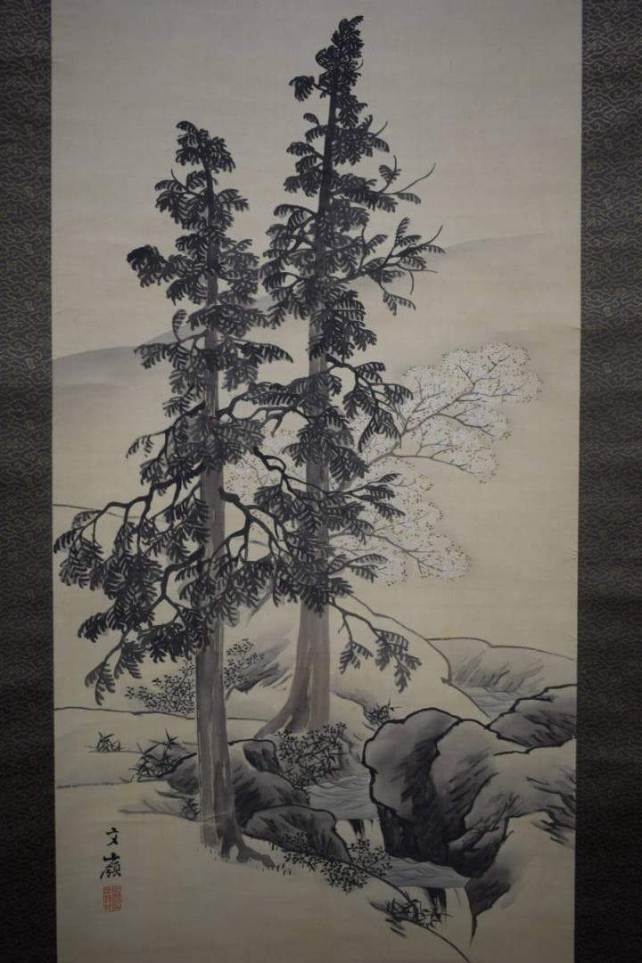 真作/前川文嶺/檜桜の図/布袋屋掛軸HH-989