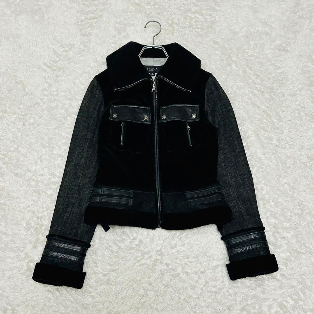 美品 EPOCA ブラックデニム レザー ジャケット ライダース 切替 ボア