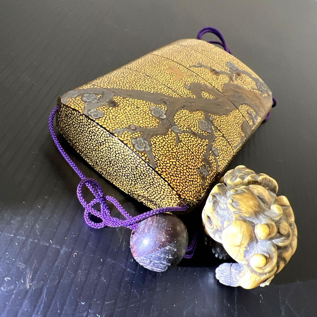 江戸時代　極上盛上鷲内梨地　五段大振印籠　極上獅子根付　東Y7-0812⭐︎2F