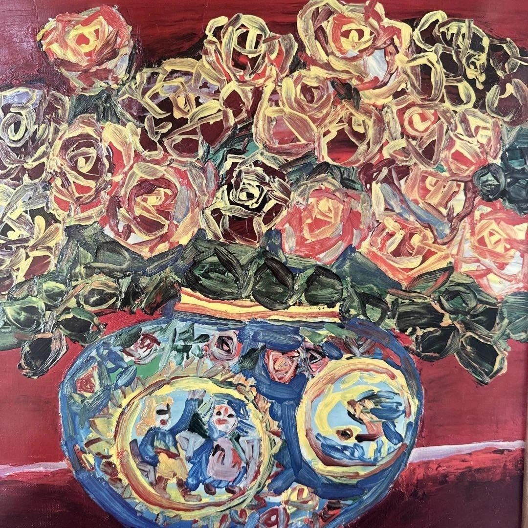 野間仁根　油彩　大きい薔薇の絵画静物画　キャンバス画　美術品洋画名画　インテリア