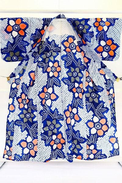 ★専用★浴衣 有松絞り 青 オレンジ 綿 花柄 身丈160cm バチ衿 お洒落