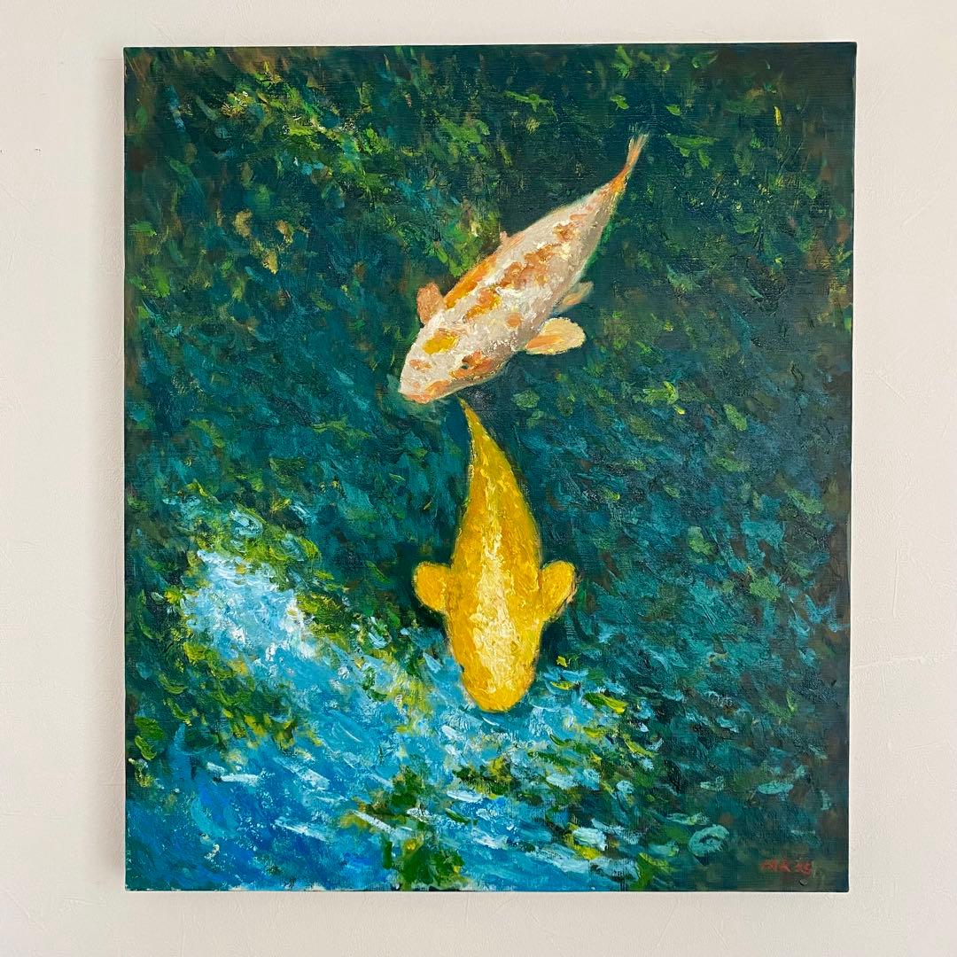 『白と金の鯉』F10 油彩画 絵画 oil painting art
