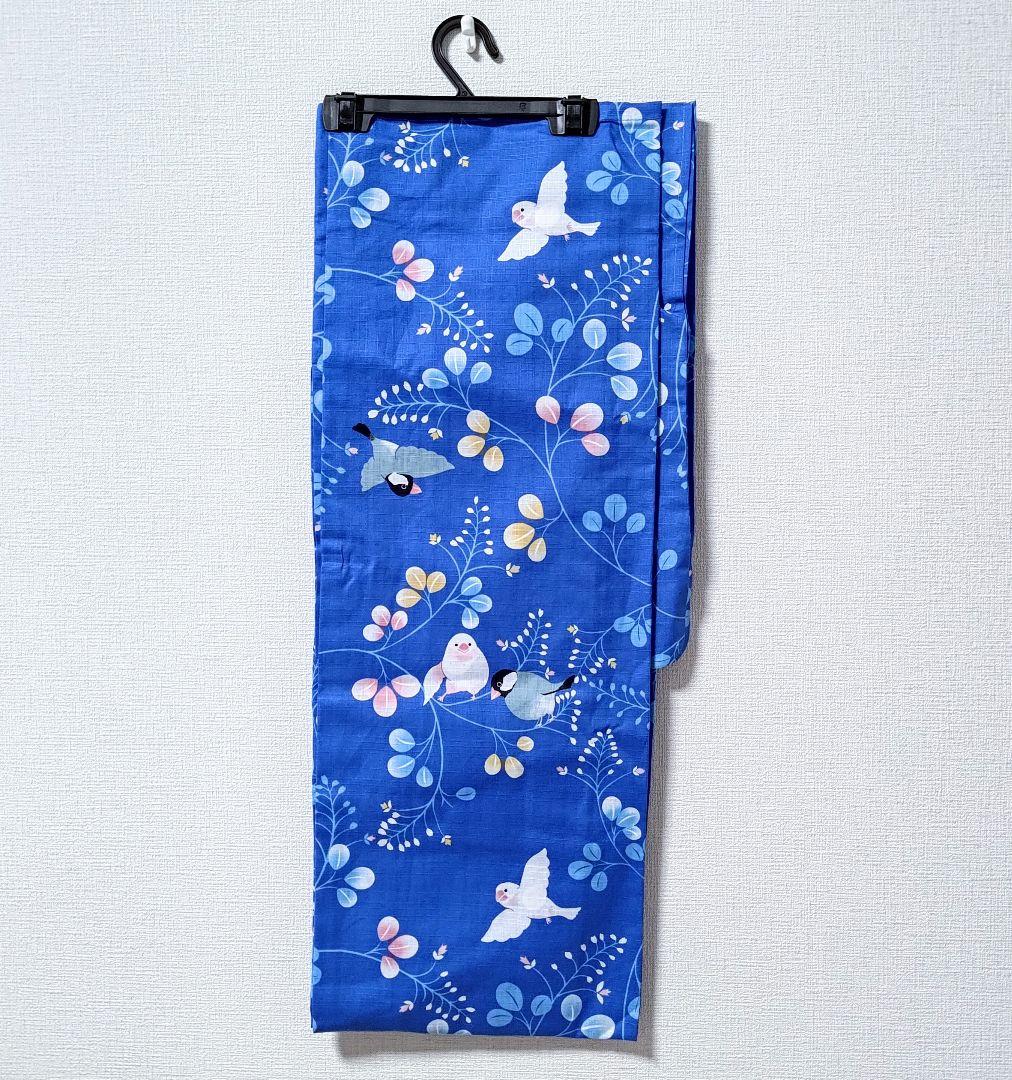 レア小鳥柄浴衣ブルー草花柄コトリカフェ監修ゆかた着物青色黒黄白水色文鳥柄ことり柄