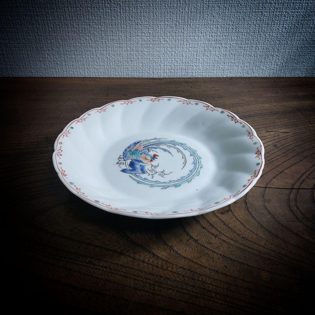 色絵付　皿　鳳凰　ねじり花弁縁　古伊万里　花文　唐草　銘　窯傷　ハ号