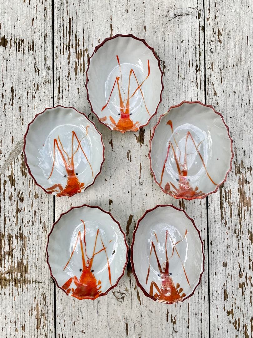 台湾 ヴィンテージ 海老絵付け 小皿 5枚セット 民藝 古道具 アンティーク