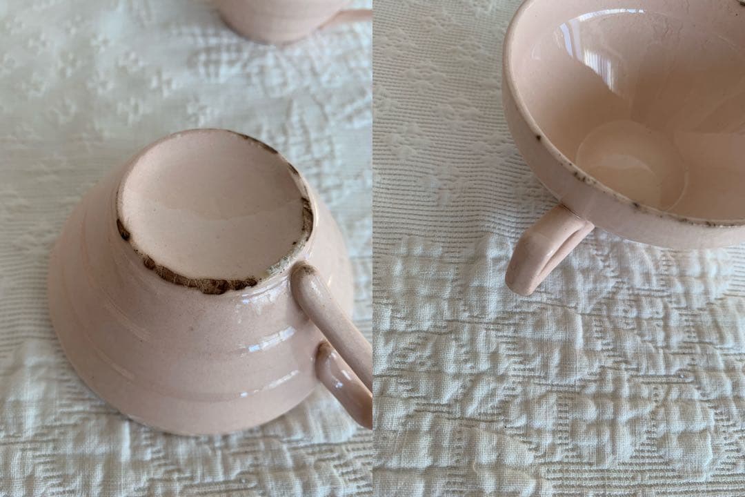 フランスアンティークサラディエ＆カップ2個・ドイリー＆カフェカーテンクロス計5点