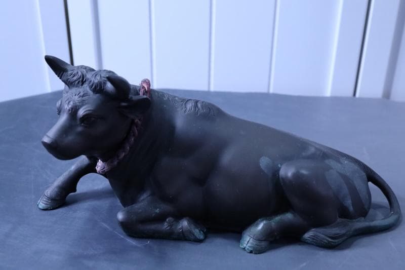 高岡銅器◆鋳銅古銅【夫婦牛】床置き　全幅33㎝/28㎝　重さ4.2キロ/2キロ