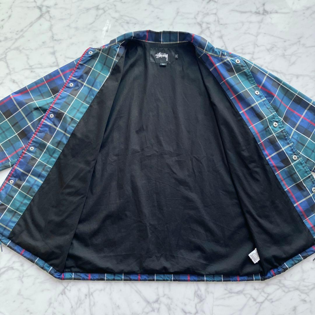 【美品✨】Stussy チェック柄 コーチジャケット ロゴ刺繍 緑 Mサイズ