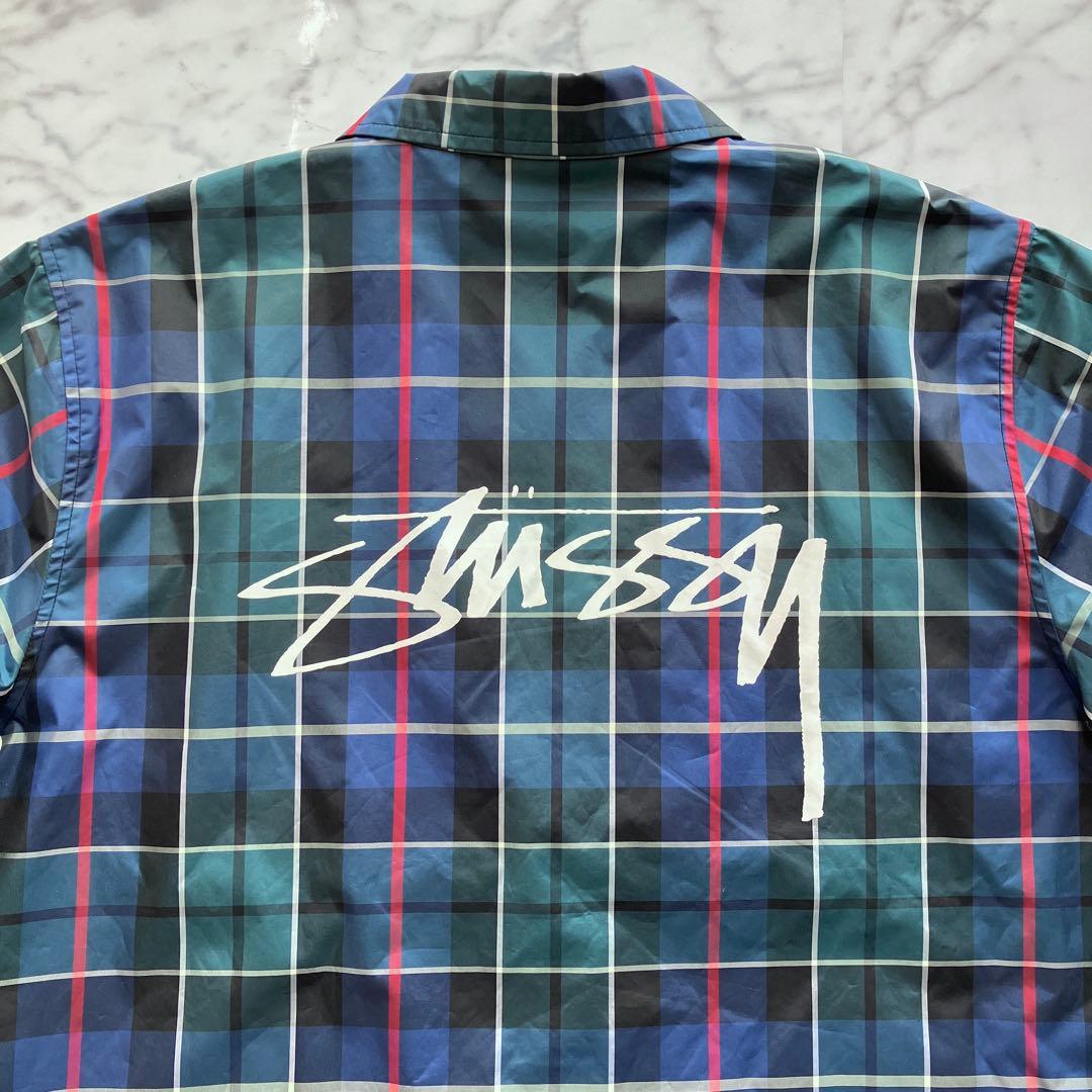 【美品✨】Stussy チェック柄 コーチジャケット ロゴ刺繍 緑 Mサイズ