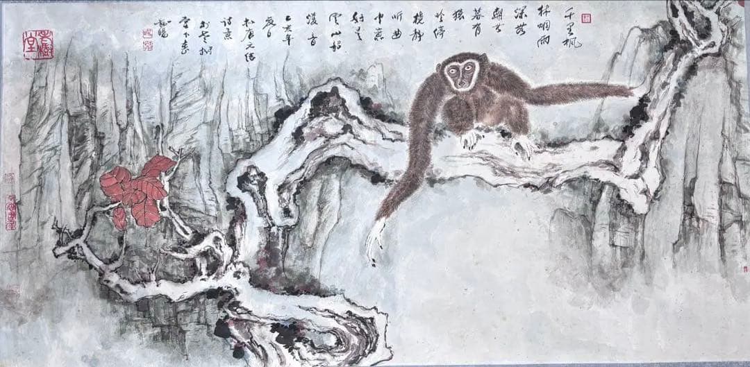 水墨画　深山猿啼 謝陽画　横長　中国　絵画　猿　掛軸　箱付　張大千大風堂