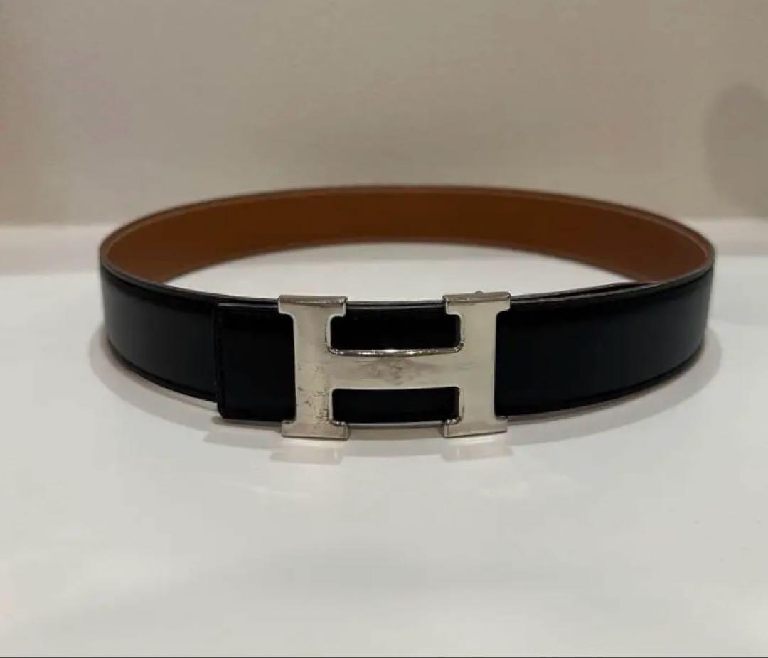 【即日発送】エルメス 80 レザーベルト 黒 茶色　リバーシブル