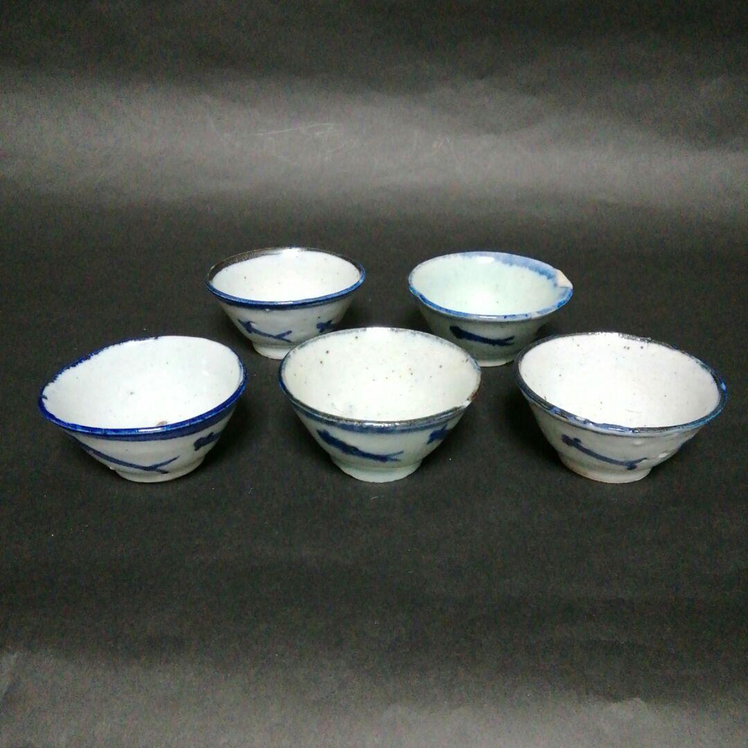 中国清朝　南京染付青花メダカ文酒盃　５客揃　南京染付　安南染付　清朝