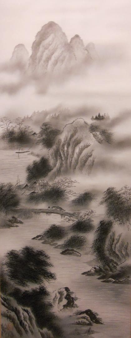 掛け軸 堀広陽 水墨山水 絹本 希少 軸装 茶道具 掛軸 美品 です。