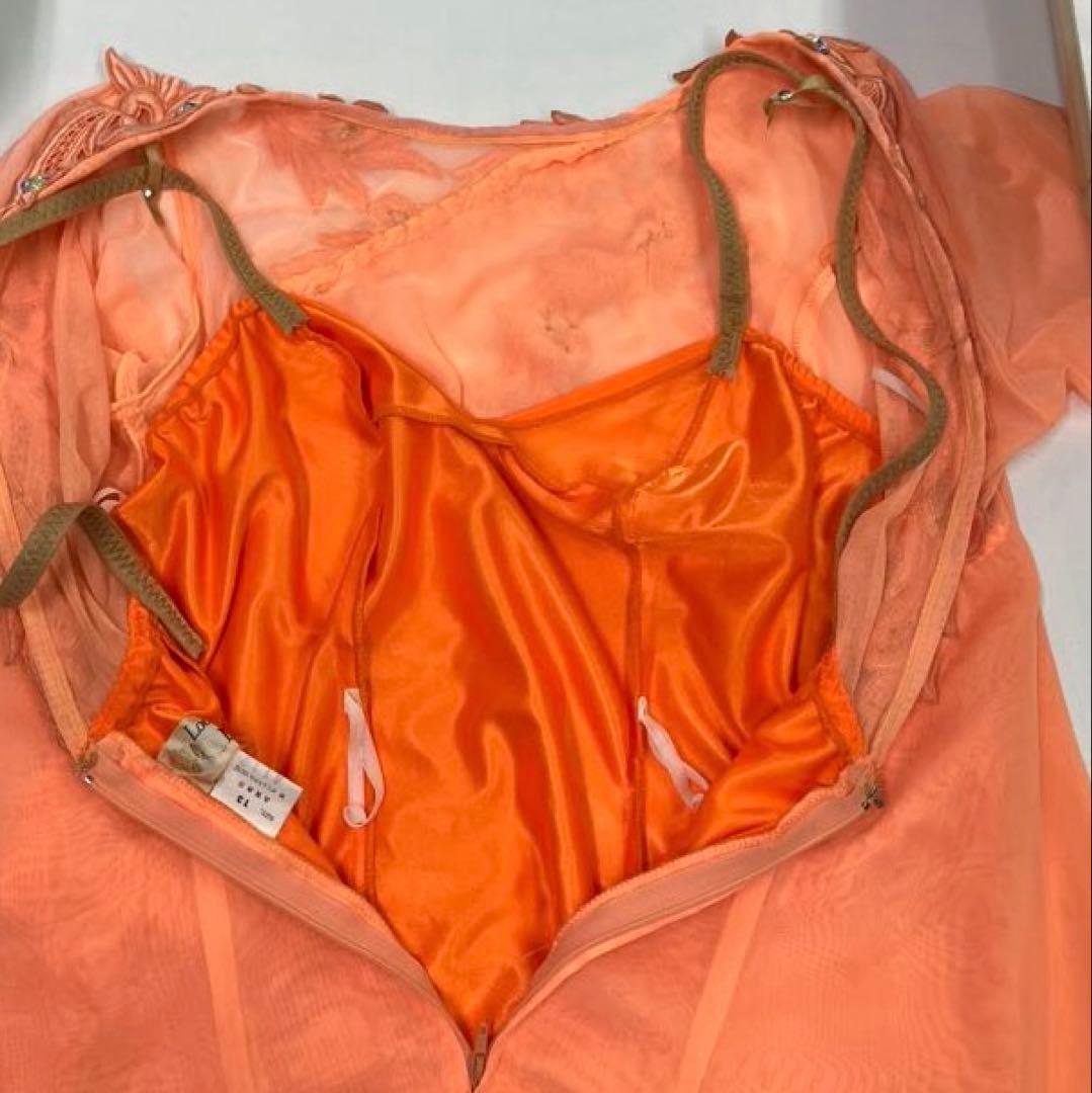 社交ダンス　スタンダードドレス　モダンドレス　オレンジ　スパンコール　刺繍