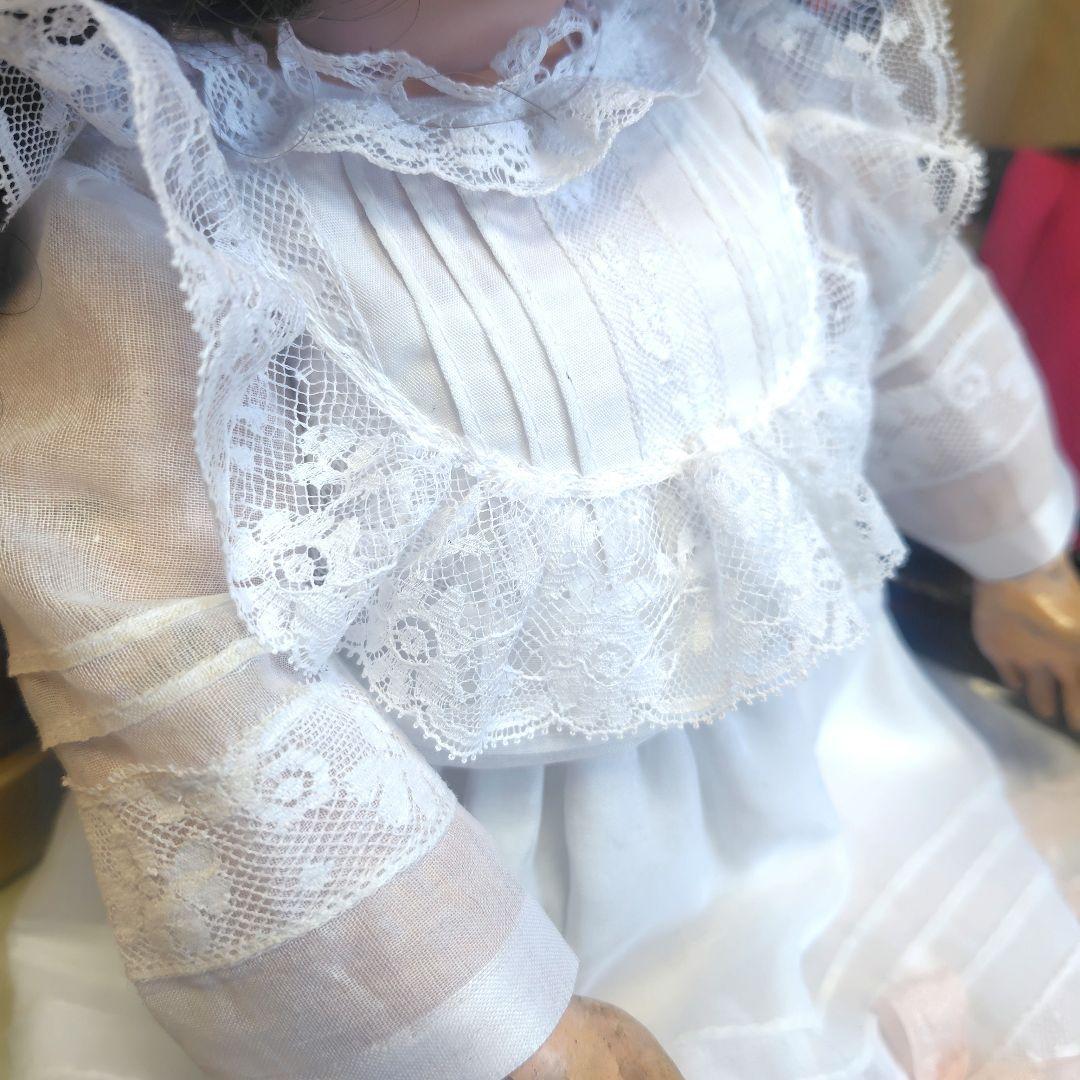 真っ白なアンティークドールドレスとボネのセット