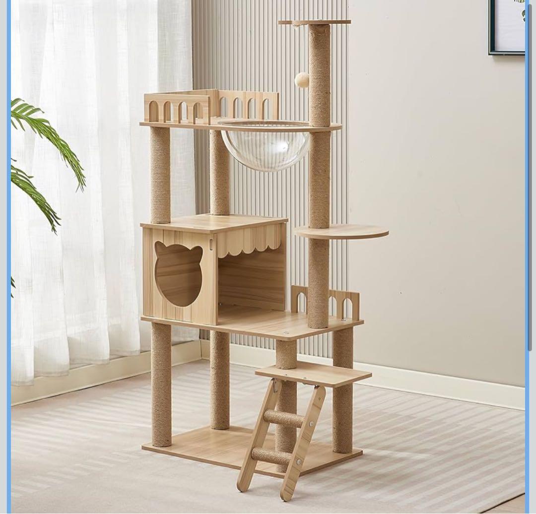 キャットタワー 大型猫用 宇宙船型透明ボウル 多頭飼い 木製 新品未使用