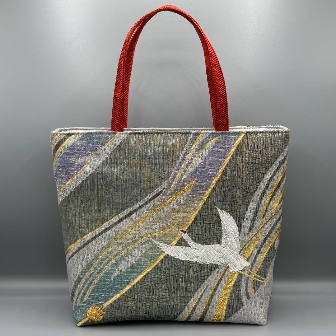 【おまとめ専用】帯 リメイク トートバッグ 赤 梅 /シルバー 鶴