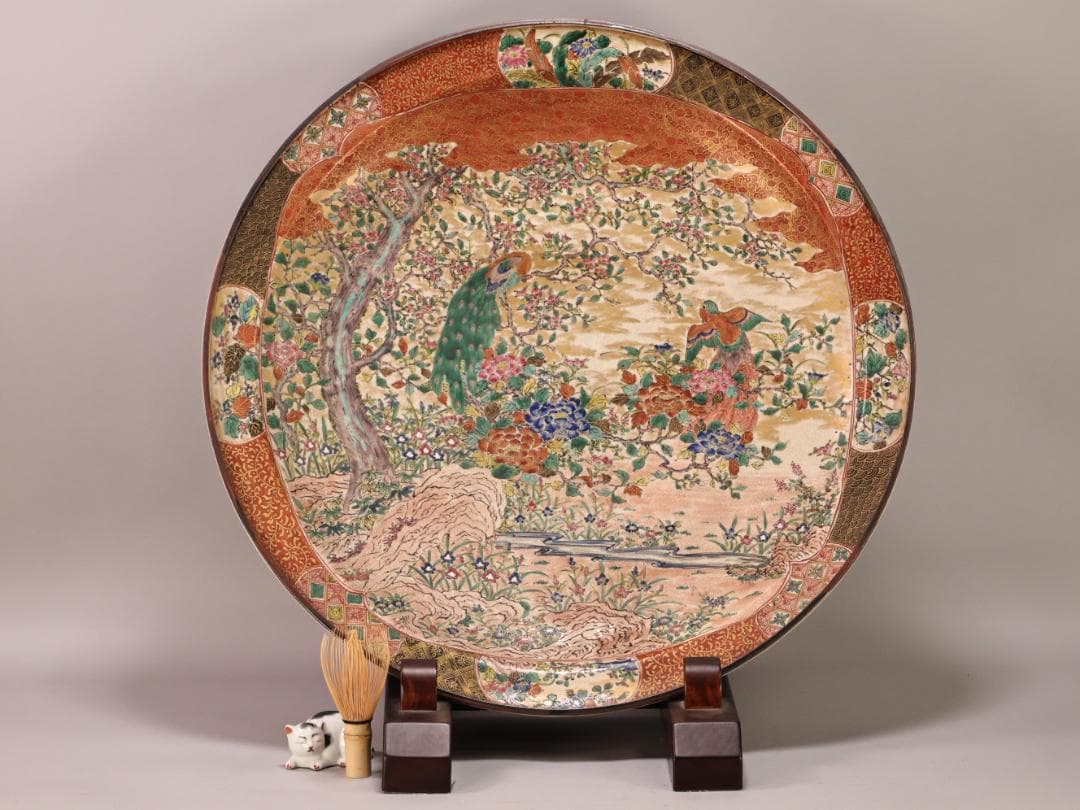 BK439　古九谷青手庄三造乃図　飾皿　二重角福　共箱　大皿　直径58㎝