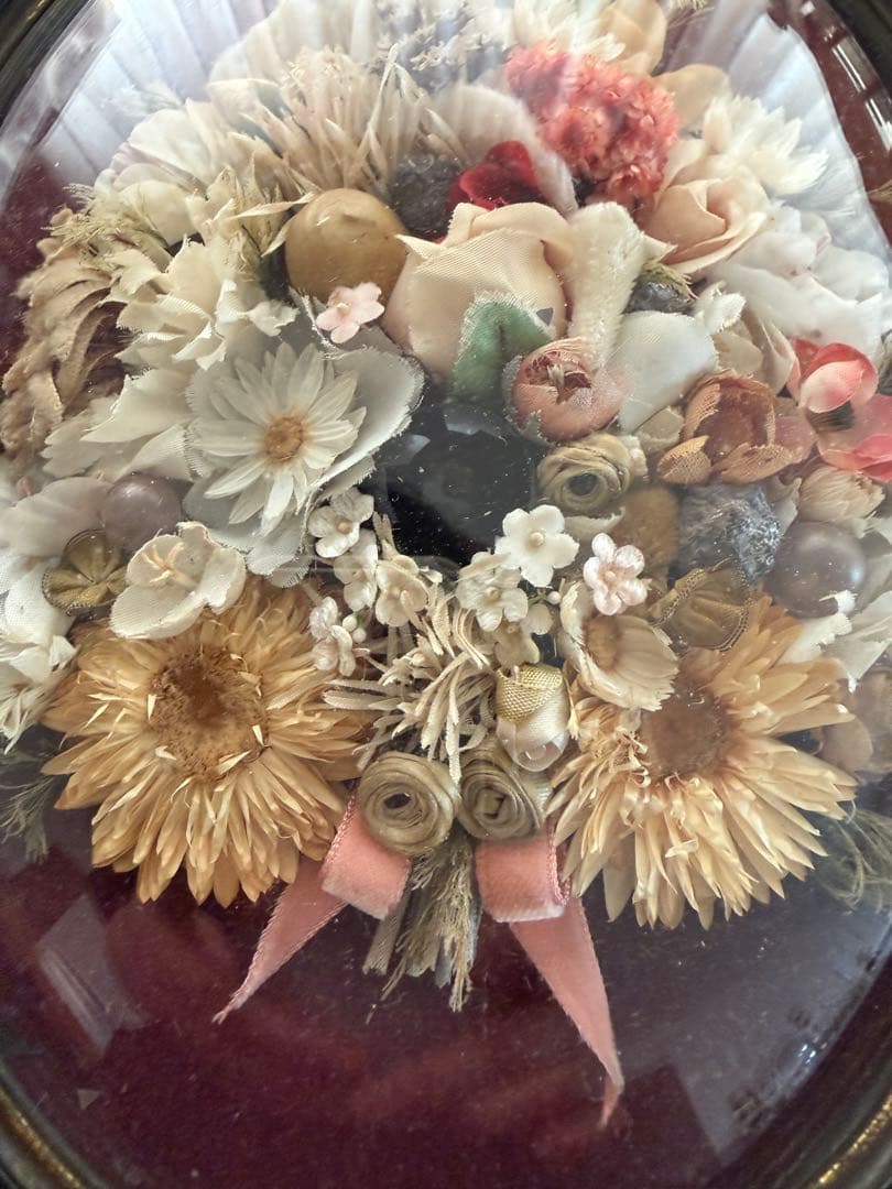 希少 フランスアンティーク お花のメダイヨン オーバルフレーム ドームガラス