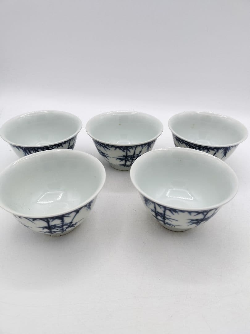 c733 煎茶器セット 染付　竹 「清影揺風」湲仙 5客 茶道具 古物