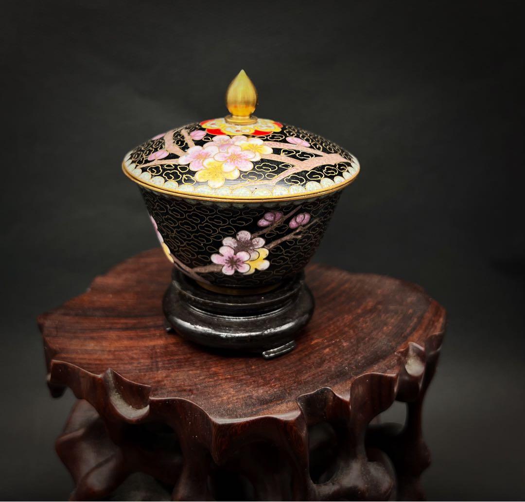 希少品 中國美術 古玩 景泰藍 京法 七宝焼梅紋樣茶碗 台座付き 茶道具