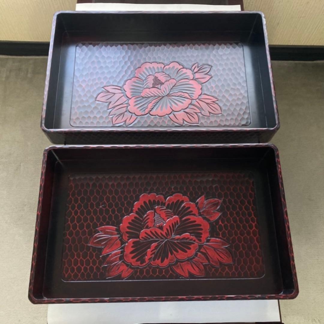 鎌倉彫 乱れ籠 衣装籠 盆 トレイ 2枚組 収納 木製 彫刻 漆塗 花柄 レトロ