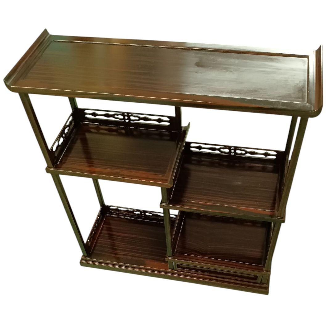 小ぶり 黒檀 黒丹 唐木 筆返し 透かし彫り 無垢 飾り棚