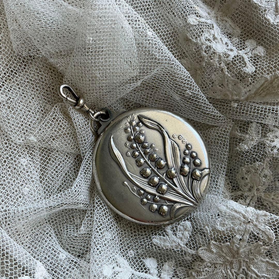 フランスアンティーク　すずらん　ミラー付きペンダントトップ　シャトレーン　鈴蘭