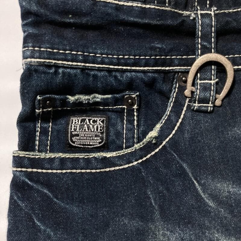 BLACK FLAME★背スカル&ロゴ刺繍 ヴィンテージ デニムツナギ 15.5