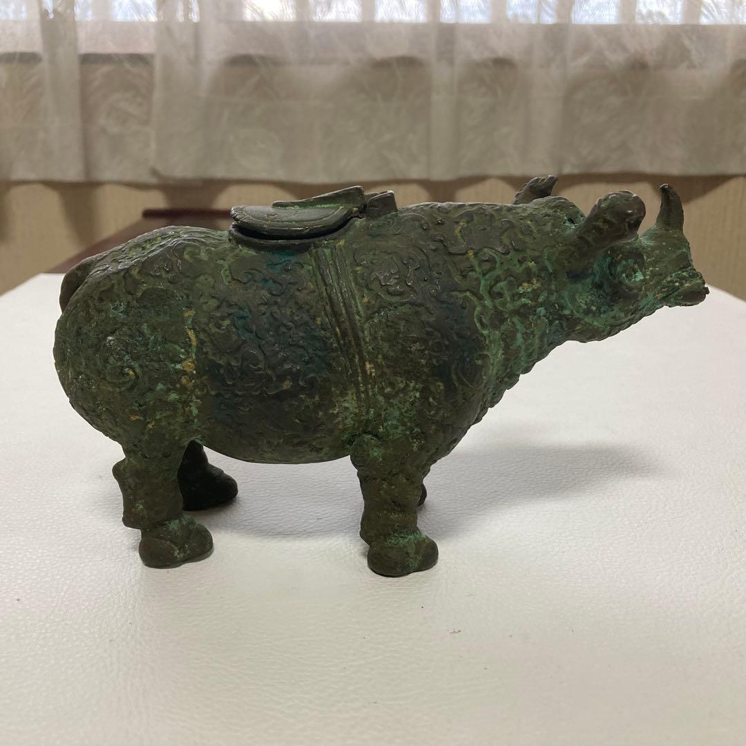 古いサイの置物 動物 銅製 オブジェ 香炉 工芸品 古美術 骨董品 レトロ
