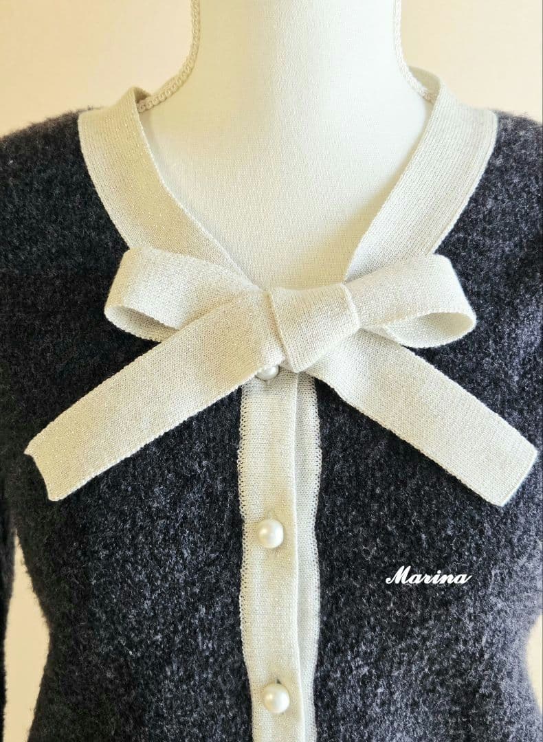 ルネ　リボン　パール　カーディガン　34 グレー