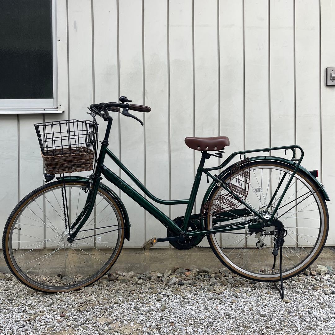 【要メンテナンス】 26インチ自転車 フォレストグリーン籐籠風おしゃれママチャリ