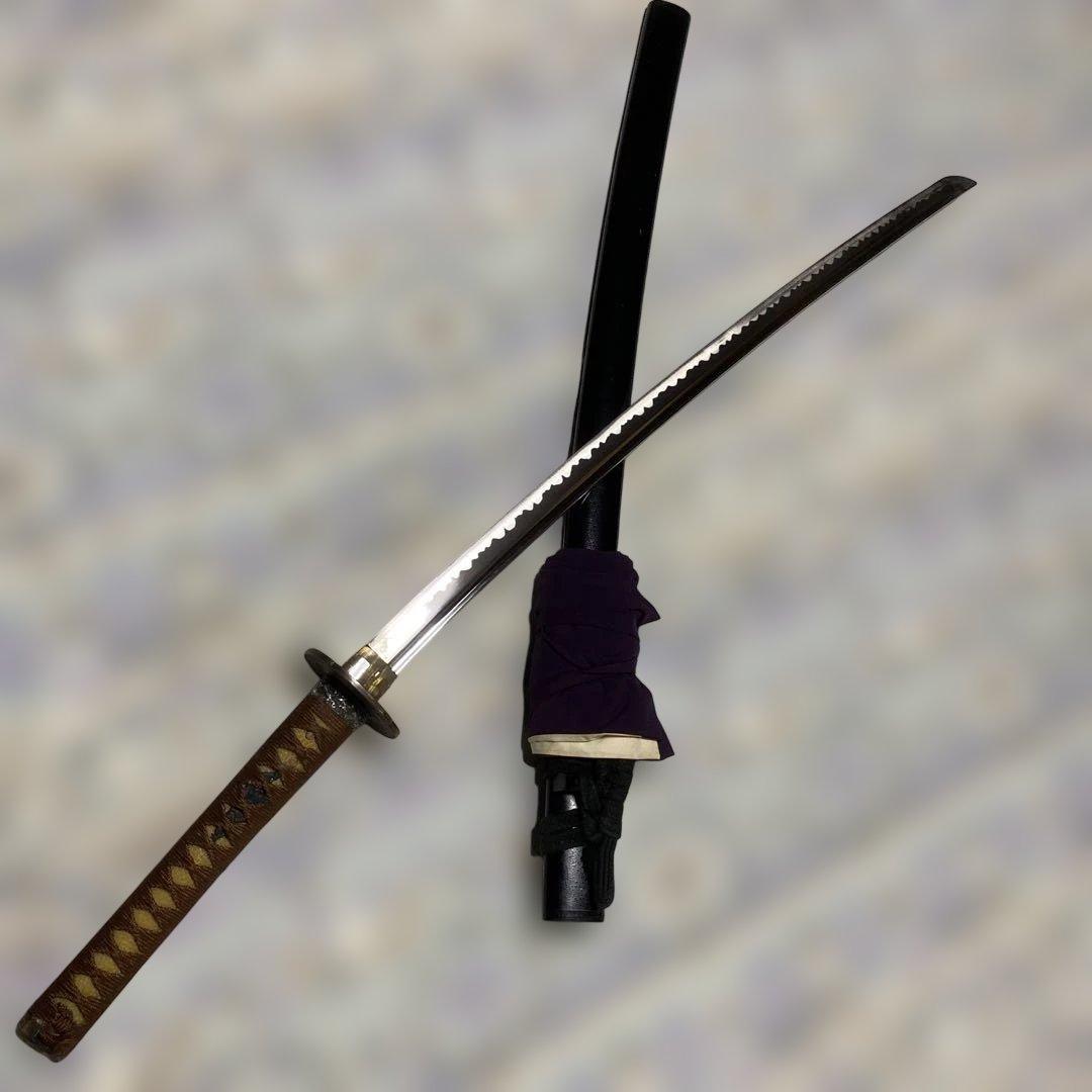 居合刀(刀袋付) 茶柄 竹笹木瓜真鍮鍔 黒梨地呂鞘