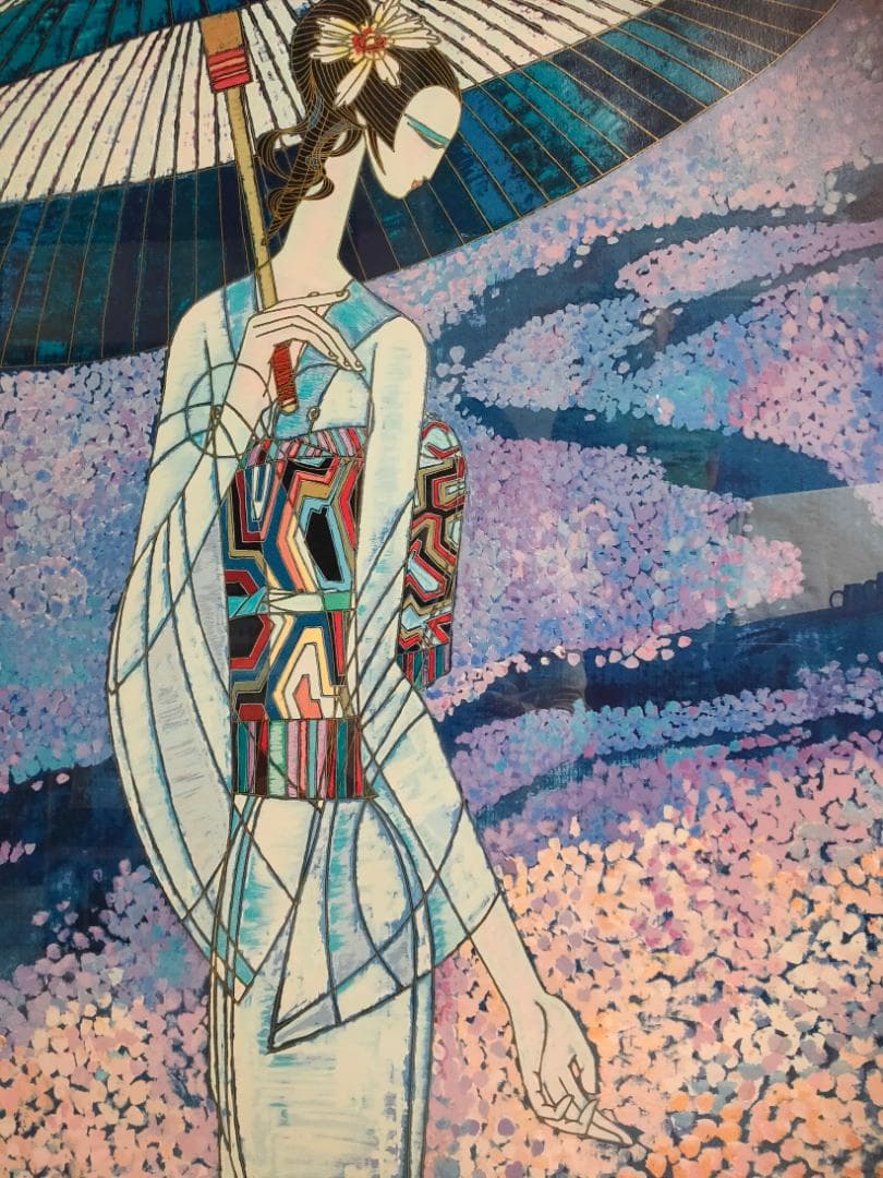 送料込【真作】　丁紹光　ティン・シャオカン　「春の雨」　シルクS　直筆サイン