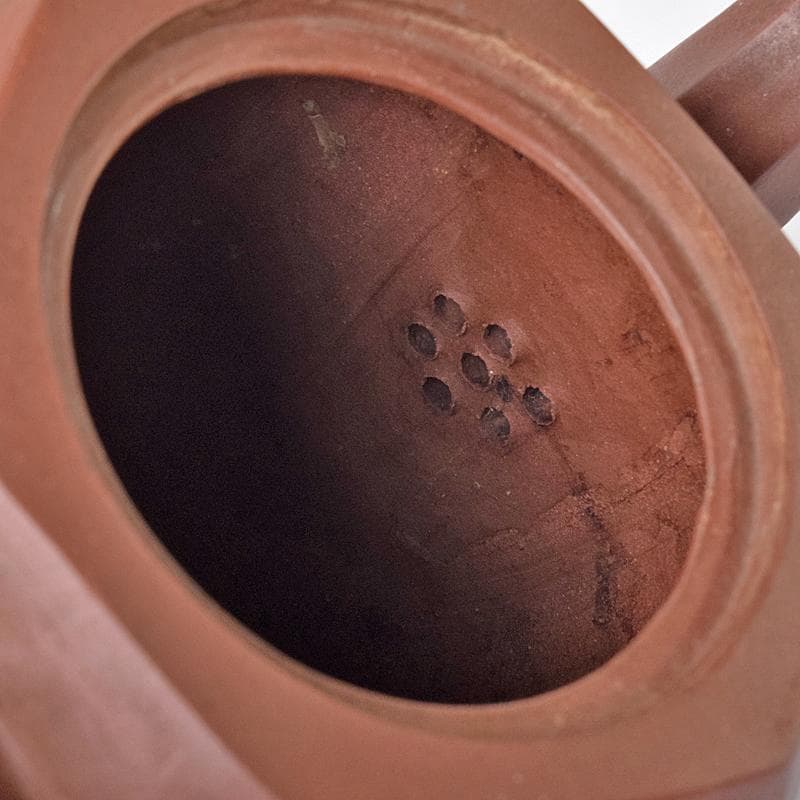 中国　小六方　紫砂　朱泥　漢詩草文　六角急須　茶壷　V　R8293