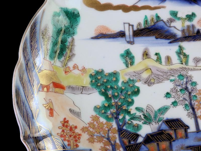 古伊万里　色絵　朝日に山水の図　7寸半皿　B295A-CQc