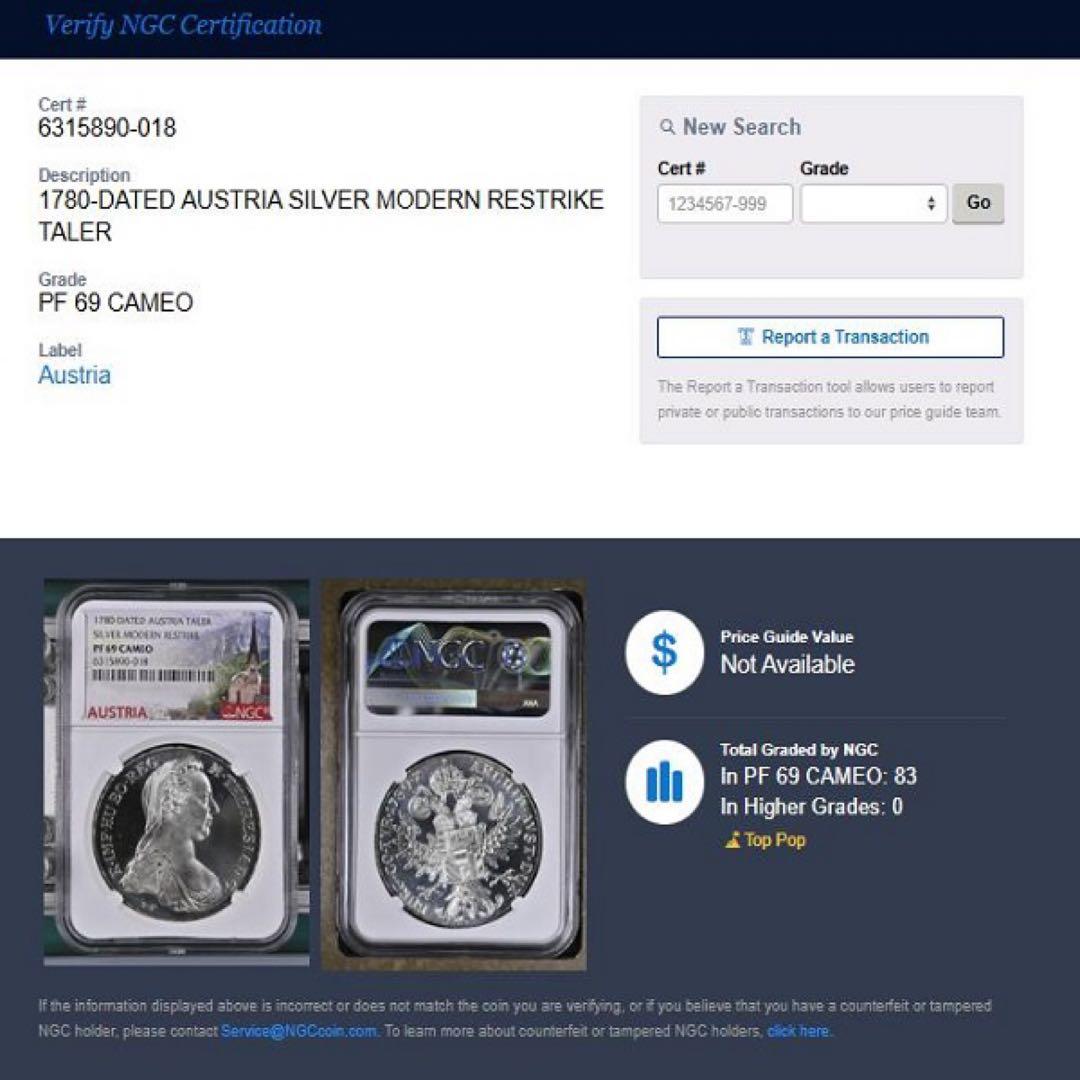 1780年 オーストリア 銀貨 NGC PF69 アンティーク モダン 