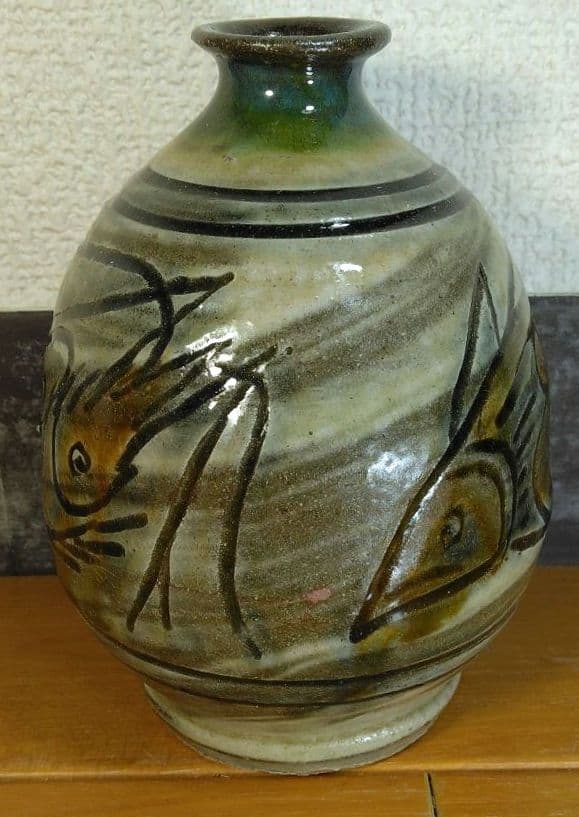 人間国宝 金城次郎 徳利 栞 共箱 美品 壺屋焼 壷屋焼 海老魚紋徳利 やちむん