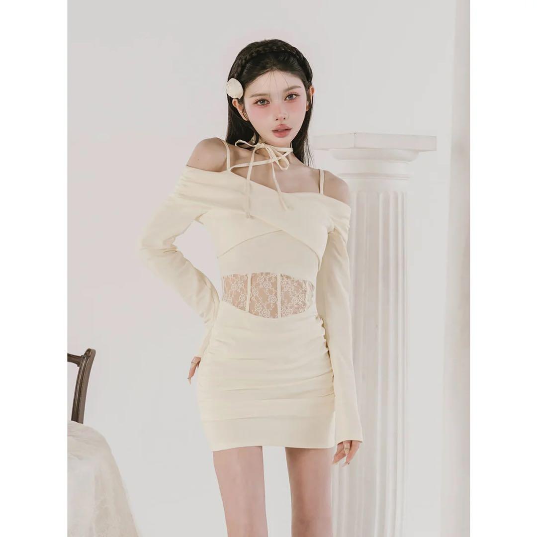 新品タグ付 ダーリッチ アイボリー コルセットレースカットミニワンピース フリー