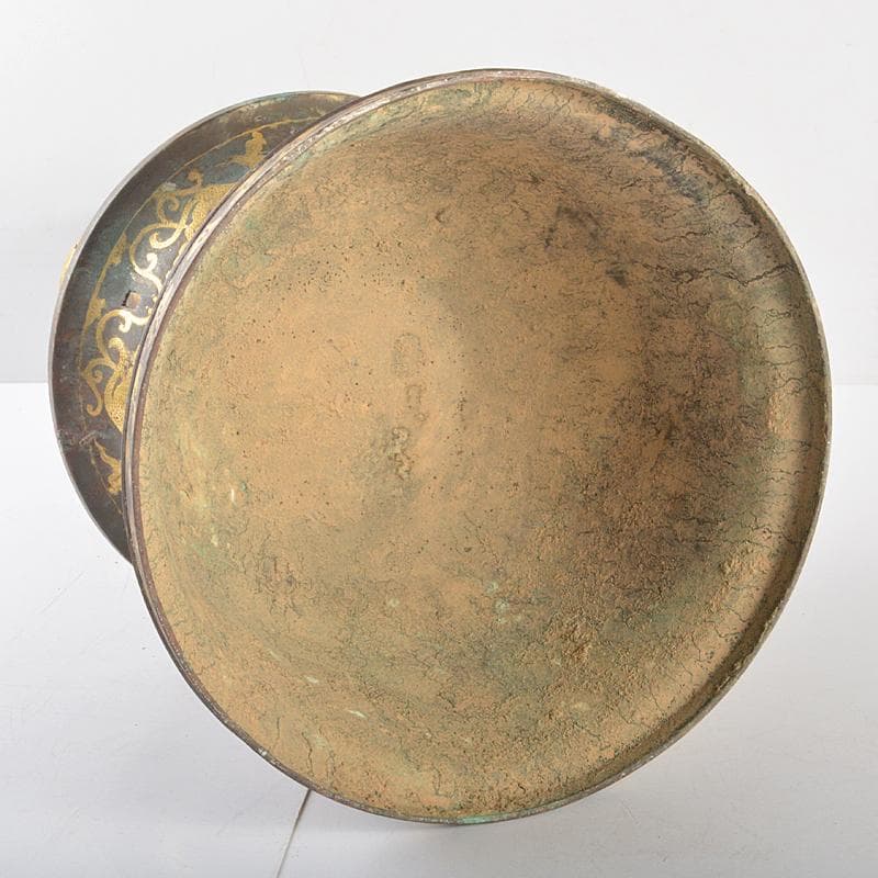 中国　古銅　金象嵌神獣人物文　燭台　蝋燭立　D　R5281B