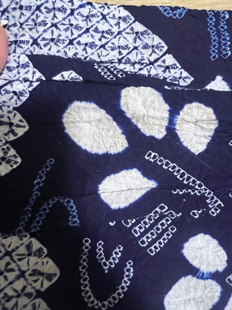 洗える夏着物 綿『ネイビーブルー×葉』トールサイズ 有松鳴海絞り 浴衣