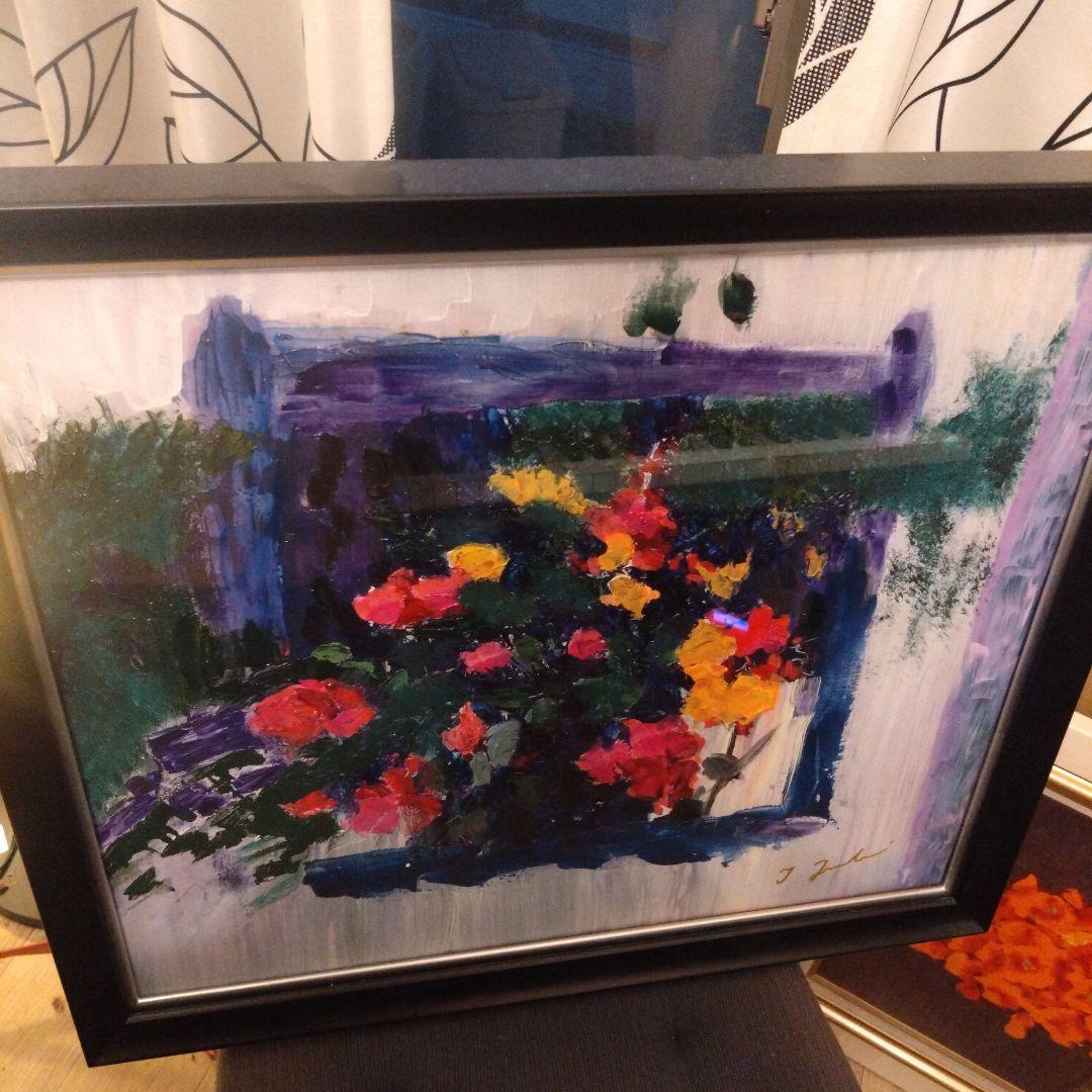 花の油彩画 黒色フレーム