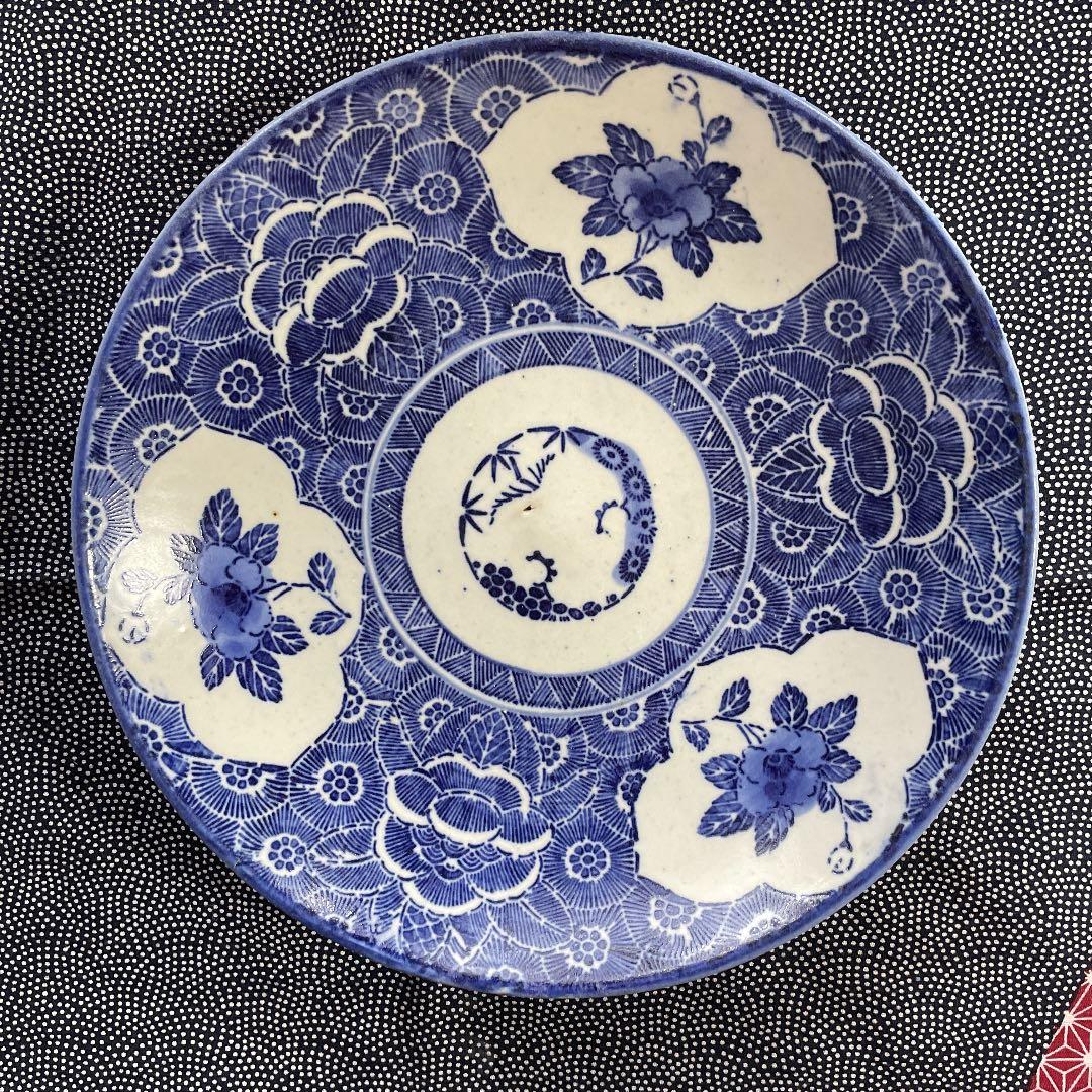 7寸染付椿絵皿　骨董品