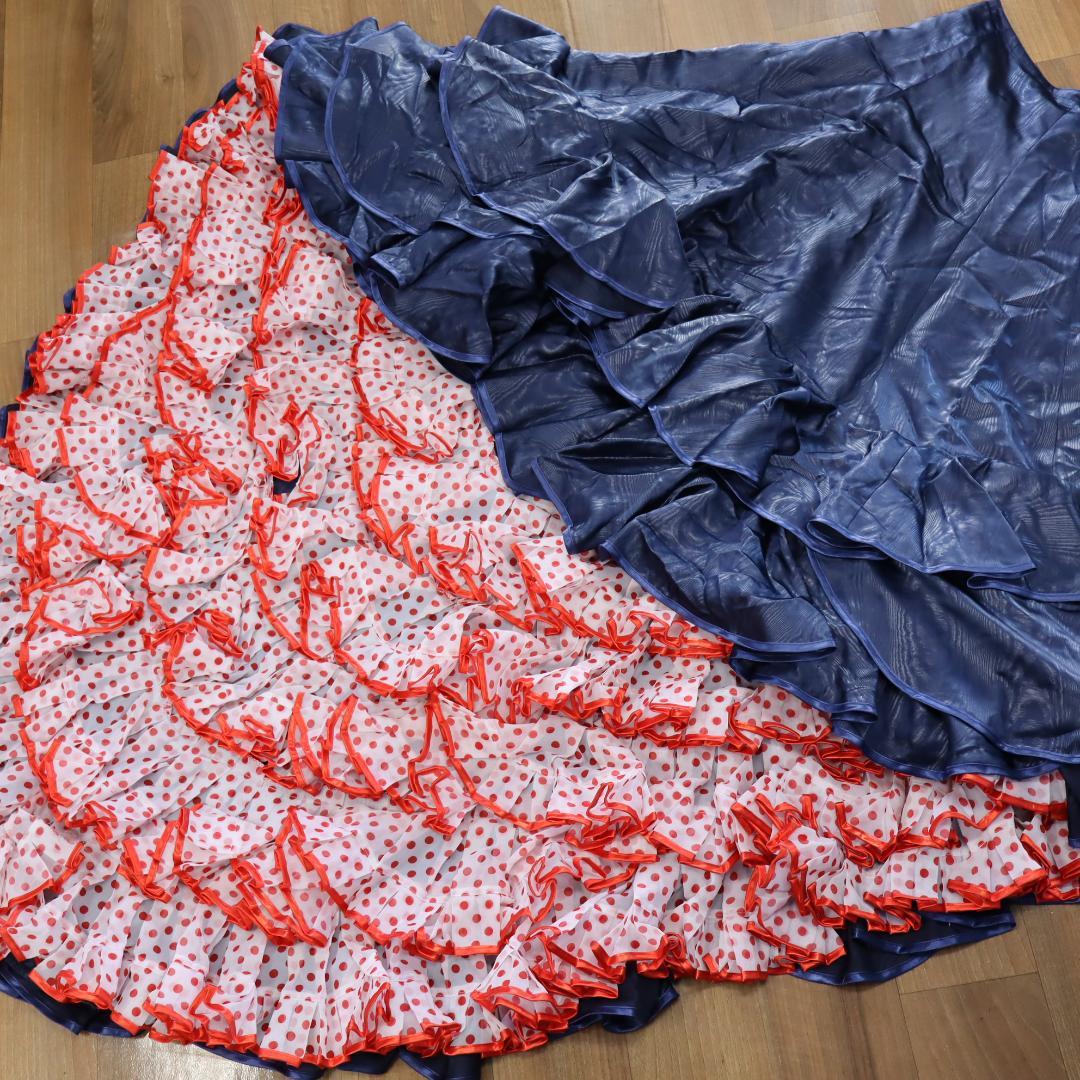 【美品 フラメンコ衣装】光沢ネイビー×柄 ブラウス バタデコーラ ファルダ