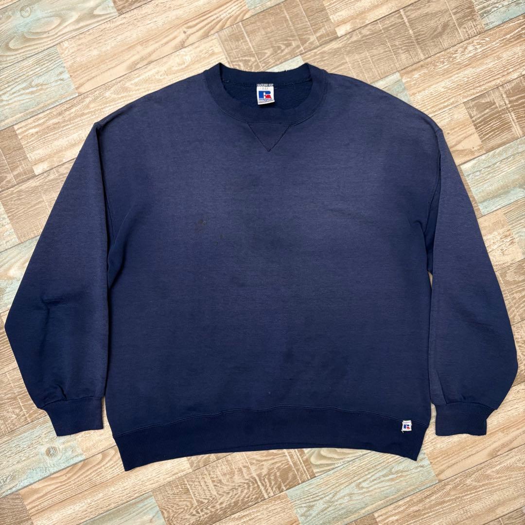 USA製 ラッセル スウェット フェード ネイビー 無地 ブランク XL 前V