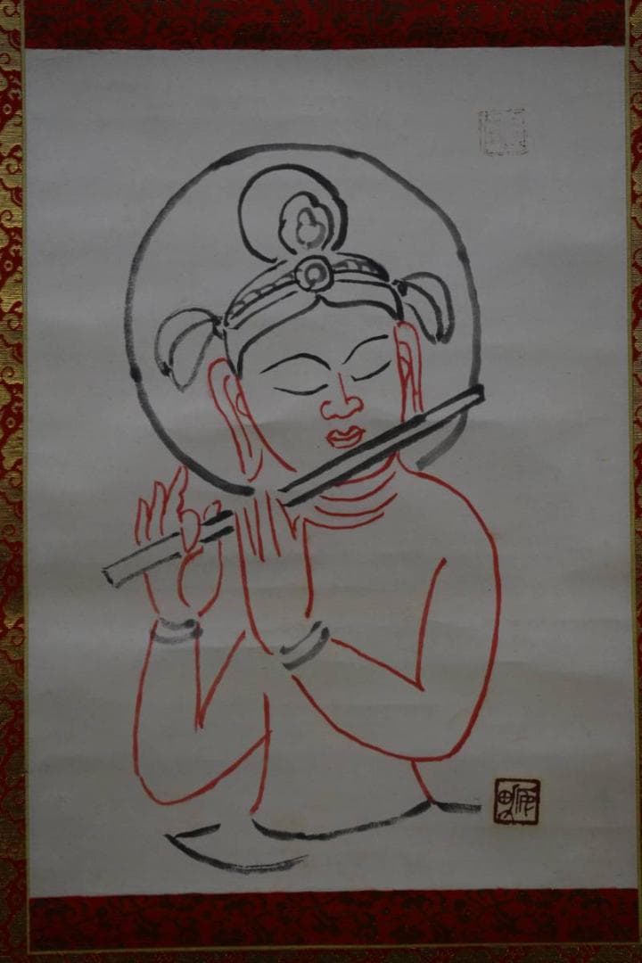 真作/菅原安男/薬師寺横笛仏画/桐共箱付/布袋屋掛軸HE-21