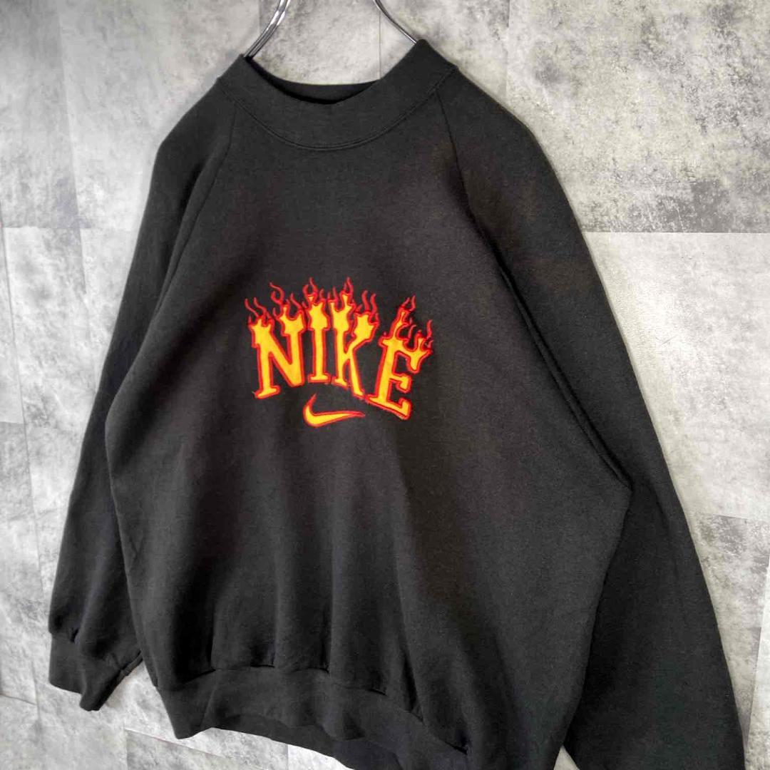 NIKE ファイヤーパターン 刺繍ロゴ スウェット USA製 古着 XL 黒