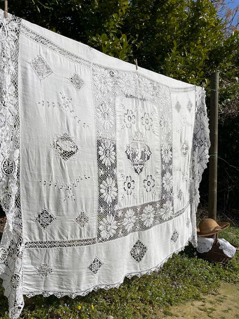 ◆フランスアンティークお宝級白天使の手刺繍超大判テーブルクロス大きいベッドカバー