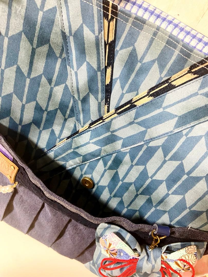 デニムリメイクバックS ベージュフリンジ×わんちゃん