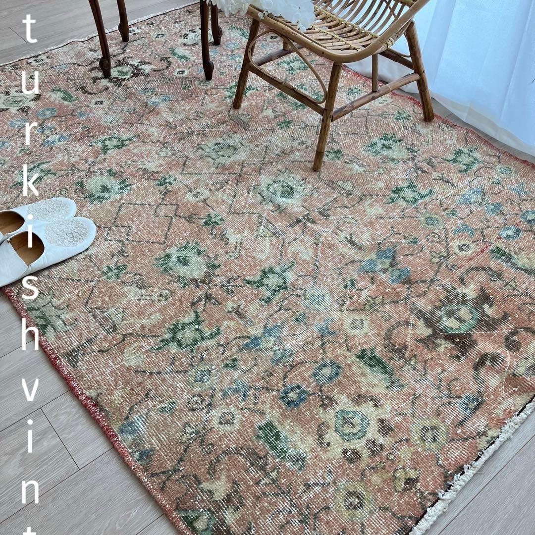 シャビーピンク✳︎120×177グリーン　ブルー　　チョコ　トルコヴィンテージラグ